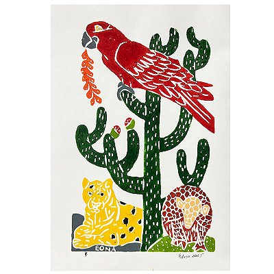 Xilogravura "Bichos no Mandacaru" P - Edna - PE
