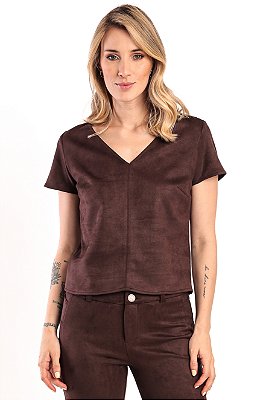BLUSA MANGA CURTA DECOTE V SUEDE MARROM MARIAH