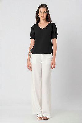 BLUSA DECOTE V CREPE MANGA CURTA PRETO JASMINE