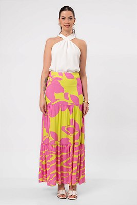 SAIA VISCOSE ESTAMPADA LONGA FLOWER PRINT ROSA