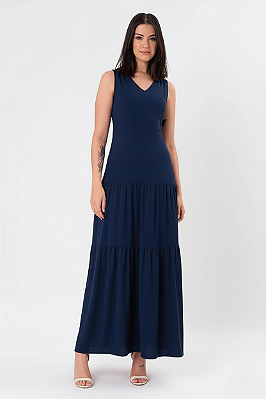VESTIDO LONGO CREPE AZUL MARINHO ANA LIZ