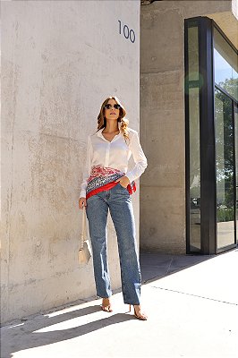 CALÇA RETA JEANS BARRA FIO