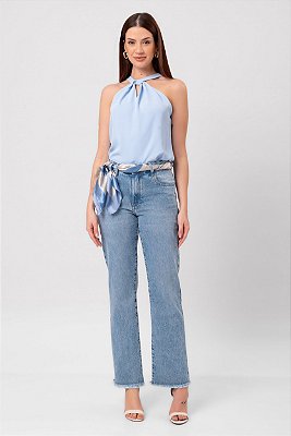 CALÇA RETA JEANS BARRA DESFIADA