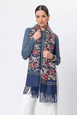 LENÇO ESTAMPA FLORAL AZUL MARINHO