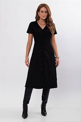 VESTIDO BOTÃO MIDI SUEDE BIA PRETO