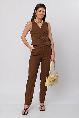 CALÇA SLIM LINEN FLORA MARROM
