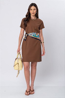 VESTIDO CURTO LINEN FLORA MARROM