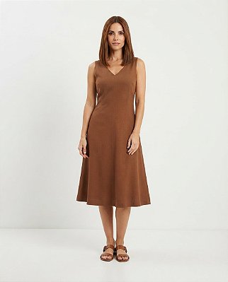 VESTIDO MIDI LINEN FLORA MARROM