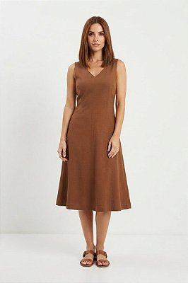 VESTIDO MIDI LINEN FLORA MARROM