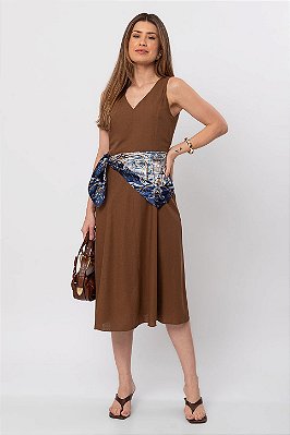 VESTIDO MIDI LINEN FLORA MARROM