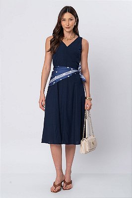 VESTIDO MIDI LINEN FLORA AZUL MARINHO