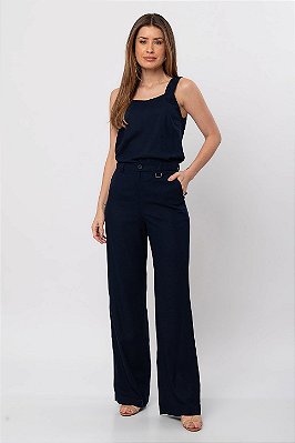 CALÇA RETA LINEN FLORA AZUL MARINHO