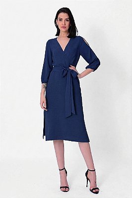 VESTIDO MIDI MANGA 3/4 CREPE AZUL MARINHO ANA LIZ
