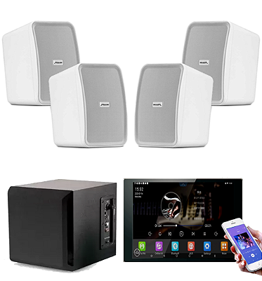 Kit  Som Ambiente Amplificador Parede 8 Pol Touch Android 8.1 c/ 4 Caixas Externas Frahm c/ Sub