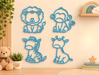 KIT SAFARI INFANTIL 3D 4 PEÇAS PARA DECORAÇÃO DE QUARTO DE BEBÊ