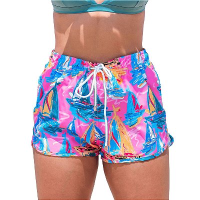 Short Feminino Estampado Barcos Rosa