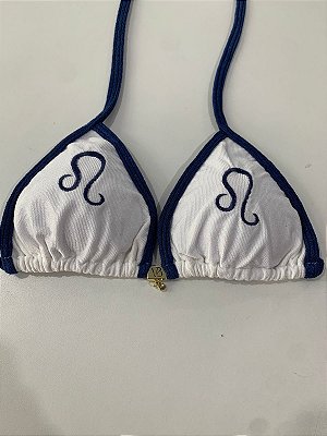 Cortininha 018 com bojo removível off white e detalhes marinho com bordado signo Leão
