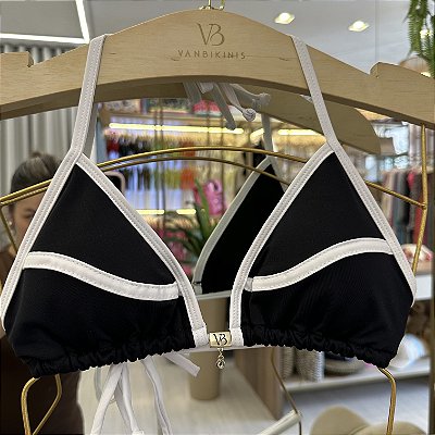 Cortininha 018 com bojo removível Ipanema Preto com viés e detalhes branco (calcinha não inclusa)