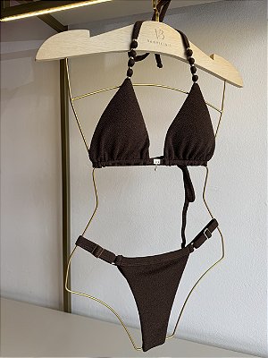 Cortininha 004 com Bojo Removível tecido Tulum chocolate com miçangas alças ( CALCINHA NÃO INCLUSO)
