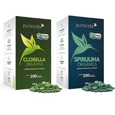 Kit Clorella + Spirulina Orgânica - Puravida 200 tabletes