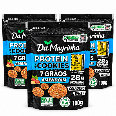 3x Mini Cookies Protein 7 Grãos Amendoim - Da Magrinha 100g