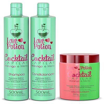 Kit Morango e Menta Cocktail - Shampoo + Máscara + Condicionador - Love Potion