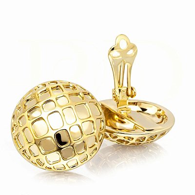 Brinco de Pressão Cúpula Texturizada com Clipe Retrô | Design Falso Vazado | 3,00 x 3,00 cm | Banho Dourado