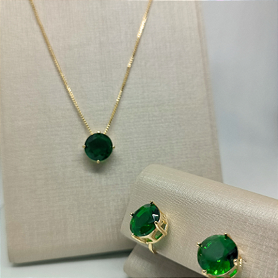 Conjunto de Elegância Verde Esmeralda - Brinco de Pressão e Colar com Zircônia