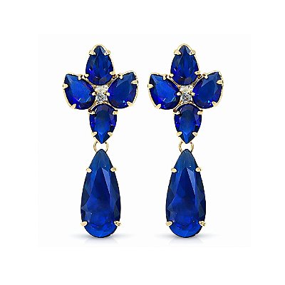 Brinco de Pressão BP Accessories - Zircônias Azul Safira Gota e Pingente Alongado - Luxo em Ouro 18K