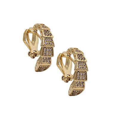 Brinco de Pressão BP Meia Argola Esculpida com Cristais | Banho Ouro 18K ou Prata 925 | Clipe Ômega Francês