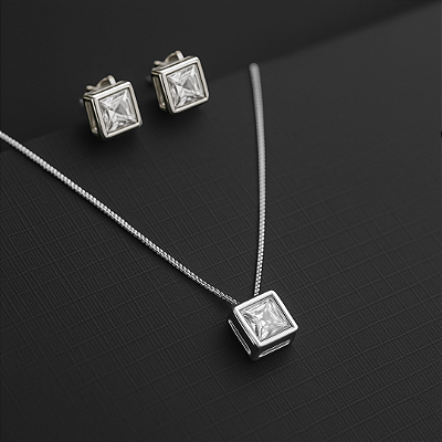 Conjunto BP com Colar Veneziana e Brinco de Pressão com Zircônia Cristal | Banho Ouro 18K ou Prata 925 | Clipe Ômega Fra