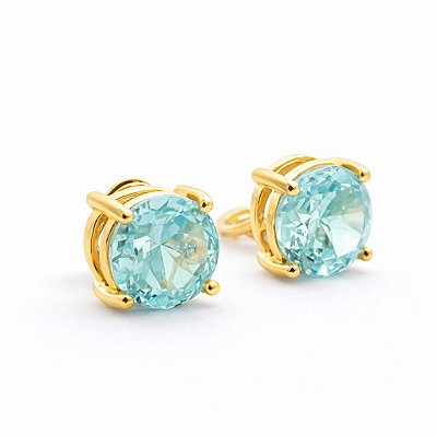 Brinco de Pressão Solitário Redondo com Zircônia na Cor Água-Marinha | Banho Ouro 18K | Clipe Confortável | 1,00 x 1,00 cm