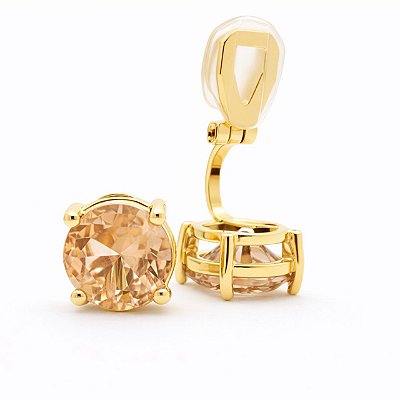 Brinco de Pressão Solitário Redondo com Zircônia na Cor Champanhe | Banho Ouro 18K | Clipe Confortável | 1,00 x 1,00 cm