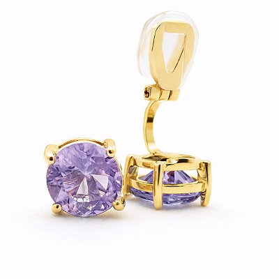 Brinco de Pressão Solitário Redondo com Zircônia na Cor Lilás | Banho Ouro 18K | Clipe Confortável | 1,00 x 1,00 cm