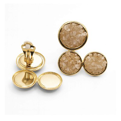 Brinco de Pressão Triplo com Cascalho de Quartzo Rosa | Design Exclusivo com Clipe Retrô – Banho Ouro 18K
