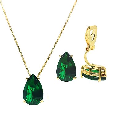 Conjunto Elegância Esmeralda - Brinco e Colar de Zircônia Verde Translúcida - Banho Ouro 18K