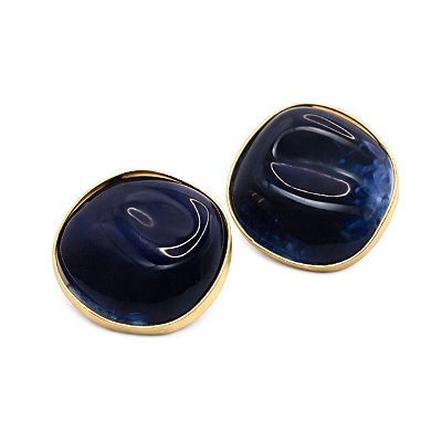 Brinco de Pressão Azul Profundo Redondo Orgânico com Borda Dourada | Clipe Ômega Francês com Silicone | 3,0 x 3,0 cm