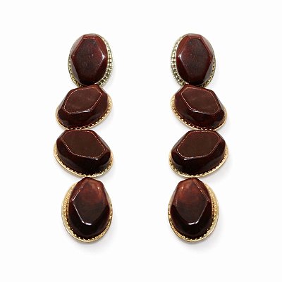 Brinco de Pressão Longo Ânima em Resina Marrom Âmbar com Metal Banhado | Clipe Francês | 9 cm