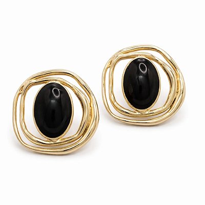 Brinco de Pressão Ânima em Metal Banhado com Oval Pintado à Mão em Preto | Clipe Francês | 4,5 cm