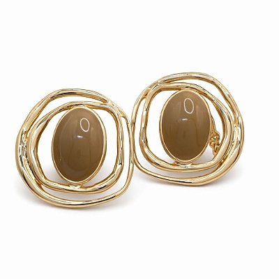 Brinco de Pressão Ânima em Metal Banhado com Oval Pintado à Mão Bege Taupe | Clipe Francês | 4,5 cm