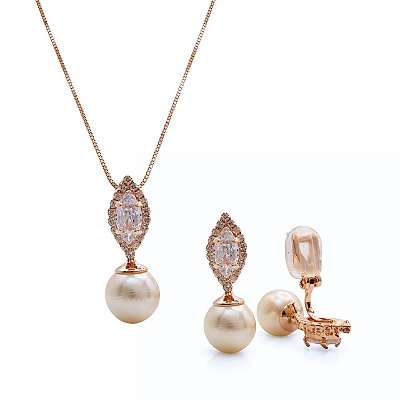 Conjunto de Brinco de Pressão e Colar com Zircônia Navete e Pérola Champanhe | Banho Ouro 18K | Clipe Ômega com Almofadinha | Corrente Veneziana 45 cm