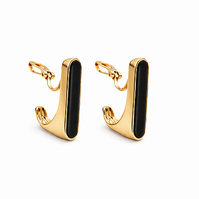 Brinco de Pressão Barra Preta Minimalista | Metal Banhado a Ouro 18K | Clipe Ômega Francês com Almofadinha | 2,00 x 0,50 cm | 6g