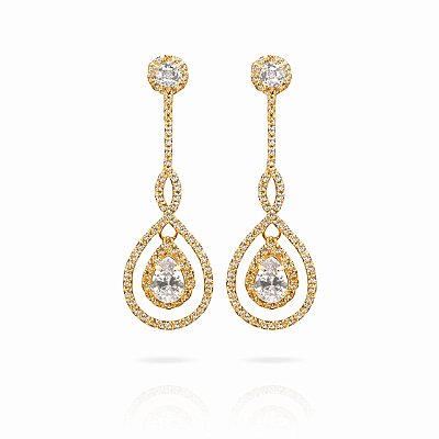 Brinco de Pressão Gota Dupla com Cristais e Zircônias | Banho Ouro 18K | 6,00 x 2,00 cm