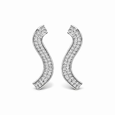 Brinco de Pressão Statement Curve com Microzircônias | Banho Ródio Branco | Clipe Ômega Francês | 5,00 x 0,50 cm