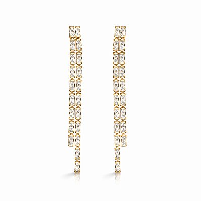 Brinco de Pressão Duas Correntes Riviera em Zircônias Retangulares | Banho Ouro 18K | Clipe Ômega Francês | 7 cm