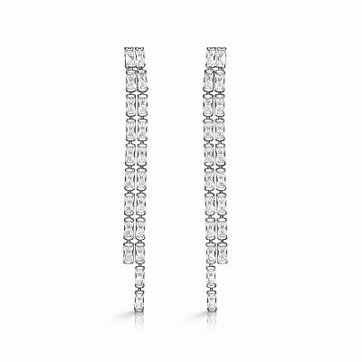 Brinco de Pressão Duas Correntes Riviera com Zircônias Retangulares | Banho Ródio Branco | Clipe Ômega Francês | 7 cm