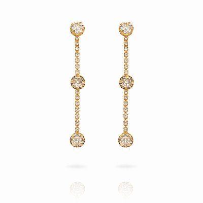 Brinco de Pressão com Corrente de Cristais e Três Zircônias Redondas | Banho Ouro 18K | Clipe Ômega Francês | 5 cm