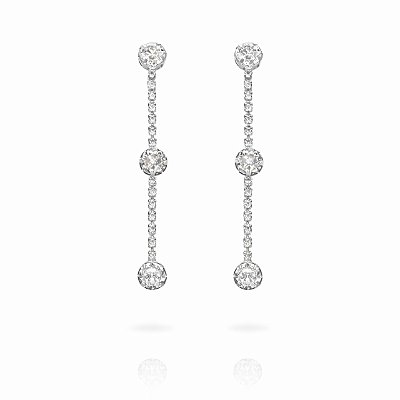 Brinco de Pressão com Corrente de Cristais e Três Zircônias Redondas | Banho Ródio Branco | Clipe Ômega Francês | 5 cm