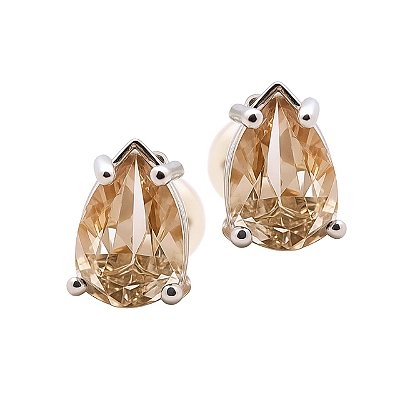 Brinco de Pressão Base Fixa com Zircônia Champanhe | Formato Gota | Banho Rodio Branco | 1,00 x 0,70 cm