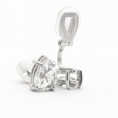 Brinco de Pressão Base Fixa com Pedra de Zircônia Cristal em Formato de Gota - Elegância Deslumbrante - Banho Ródio Branco